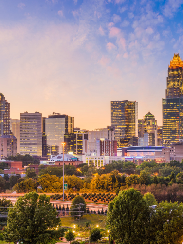 Uptown skyline of Charlotte, North Carolina, USA at dusk.